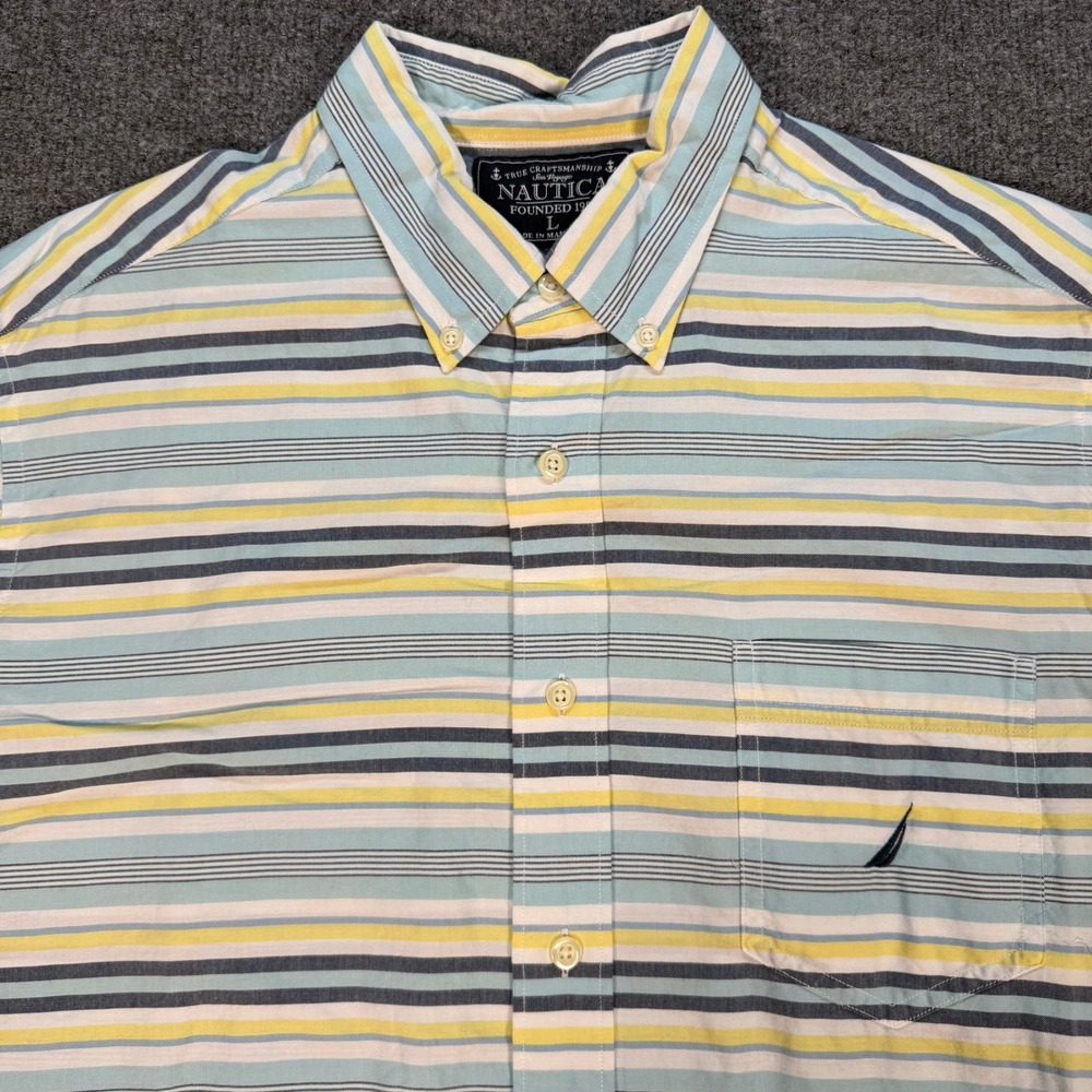 Nautica Mens Large Short Sleeve Button Down Shirt Striped Cotton Blue #4191